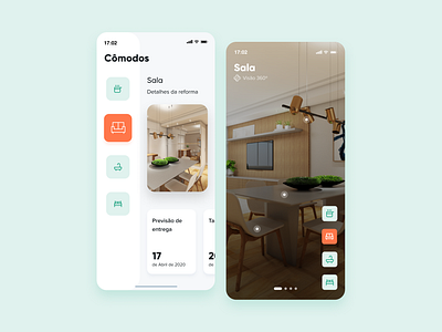 Renovation Progress 360 view apartment app border radius button cards clean detail green home house ios orange photo real state simple slider ui