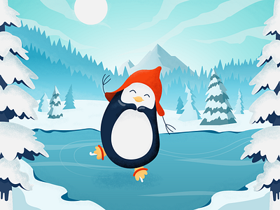 Winter Penguin adobe illustrator blue design flat forest grain illustration illustrator minimal mountains noise penguin skating vector winter