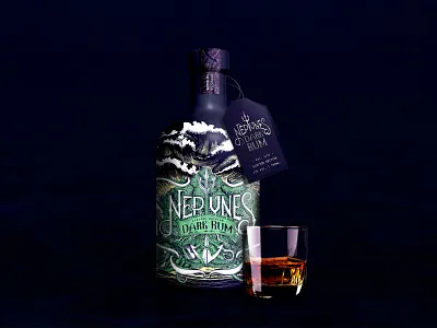 Neptune's Dark Rum Bottle Label Design blue design bottle label complex art dark rum drawing elegant style exclusive design hand drawn herbs high budget illustration design label packaging logo neptune sea waves sharks sketch stunning design underwater unique design