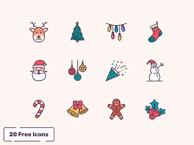 Free 20 Christmas Icons christmas christmas tree deer free freebie gingerbread icons illustration lights ornaments santaclaus socks