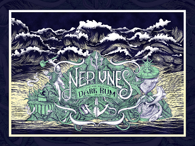 Neptune's Forge Dark Rum Label Design 2020 top amazing design art bottle design dark rum detailed elegant forge graphic hand drawn label art label design neptune ocean waves rum design unique design vector