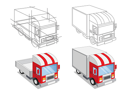 A set of funny trucks. automobile car caricature carriage cartoon commercial contour delivery drawing funny isometric large lorry outline perspective sketch toy trucks van wagon