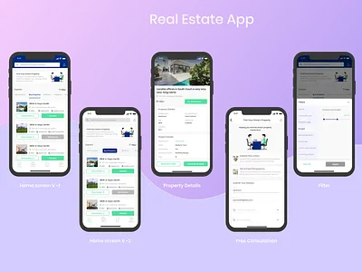 Real Estate App branding buy property card layout filter freeconsultation home screen homescreen mobile design propertydetails real estate uiux visual design