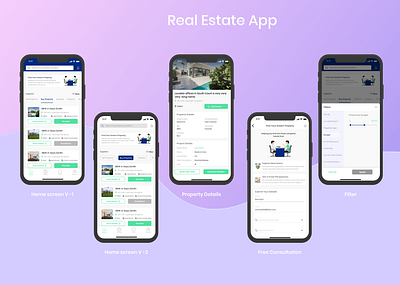 Real Estate App branding buy property card layout filter freeconsultation home screen homescreen mobile design propertydetails real estate uiux visual design