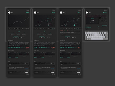 Trading app dark mode (tablet) - preview a stock buttons clean dark dark mode financial app financial dashboard fintech app minimal shares skeumorphic skeuomorph skeuomorphic stocks tonal trading ui ux