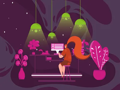 WORK FROM HOME AT NIGHT boy children computer creative desain flat female flat design flat illustration flatdesign illustration people play trending ui design web web design website woman work workhard
