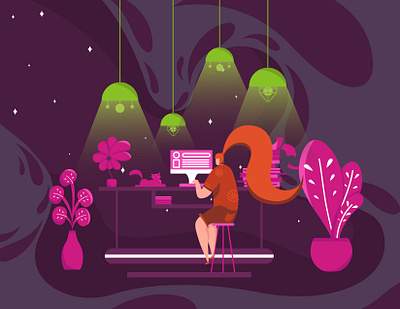 WORK FROM HOME AT NIGHT boy children computer creative desain flat female flat design flat illustration flatdesign illustration people play trending ui design web web design website woman work workhard