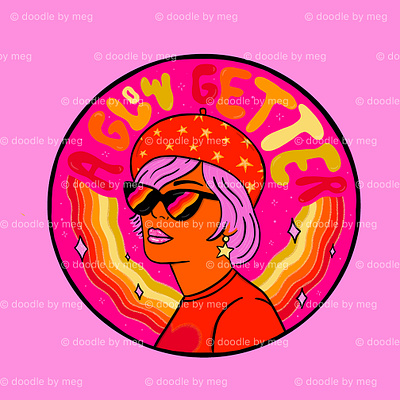 Glow Getter beret design drawing fashion girl hand lettered illustration inspiration orange pink procreate quote rainbow retro saying star sunglasses vintage woman yellow