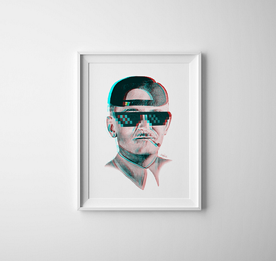 3D Portrait art design drawing glasses graphic art hat modern pencil photoshop portrait red and blue smoking