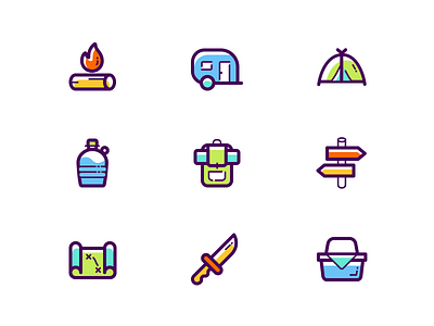 Camping icons bag basket bonfire camp camping capmingbag caravan flat iconography icons iconset knife map panel picnik basket tent waterbottle