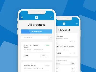 Sellfy Mobile UI System blue checkout checkout page graphic design icon input minimal mobile mobile app mobile ui price sellfy table ui ui system ux web white