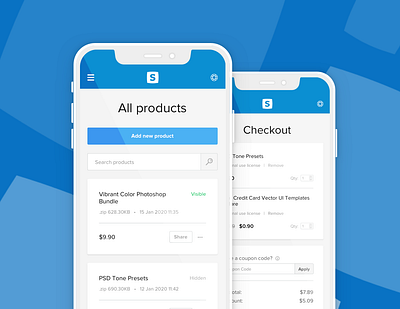 Sellfy Mobile UI System blue checkout checkout page graphic design icon input minimal mobile mobile app mobile ui price sellfy table ui ui system ux web white