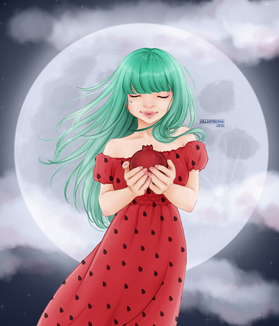 Yalda art cute digital digital art draw drawing girl illustration moon moonlight redraw