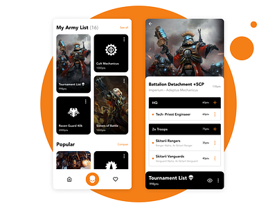 BattleScribe App app black cards design illustraion menu mobile mobile app mobile app design mobile design mobile ui orange product product design table ui uiux ux web white