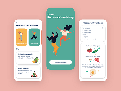 Dancing online school concept app colorblock colorful dance design flat food graphic illustraion menu minimal recipes scrolling sport trendy typography ui ux walkthrough web