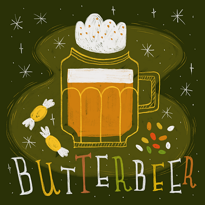 The 12 Drinks Of Christmas - Butterbeer beer bertiebott butterbeer candy chocolate diagonalley handlettering harry harrypotter hermione hogsmeade hogwarts hp ipad jellybean lettering procreate sweet weasley wizard