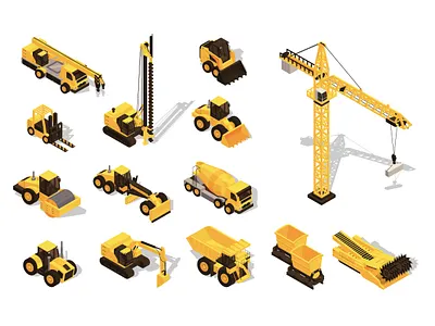 Construction Equipment Isometric Illustration 3d asset bulldozer construction crane flat illustration industry isometric isometry machinery mixer set tractor trailer transport truck vector web website