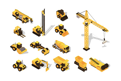 Construction Equipment Isometric Illustration 3d asset bulldozer construction crane flat illustration industry isometric isometry machinery mixer set tractor trailer transport truck vector web website