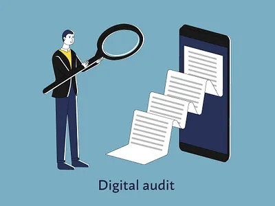 Digital audit audit business cartoon character design digital flat illustration loupe smartphone vector web