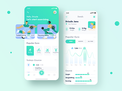 Fitness app prototype app baseball basketball card colors energy exercise green icon illustration interface motion percentage play training ui ux