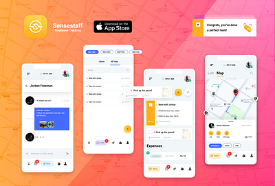 Sensestaff Employee Tracking app design clear delivery employee ios ios app light design location location tracker manager marketplace mobile mobile app product design task list task manager tracker tracker app white yellow