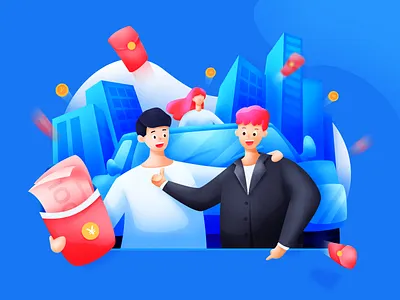 Invite friends blue bright buildings car girl gold coin happy illustration man money red packets web