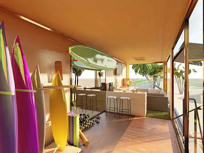 18 Wheels of Surf Entrance Area 18 wheeler 3d model 3d modeling beach clouds graphic design interior design lumion nature render sketchup sun surf surfboards trees tropical truck visualizaton wood workout