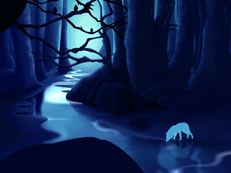 Dynamic illustration -2 bird design forest illustration stream tree water wolf woods