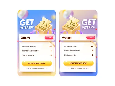 Invite friends pages colorful design finance app interest invite friends