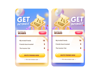 Invite friends pages colorful design finance app interest invite friends