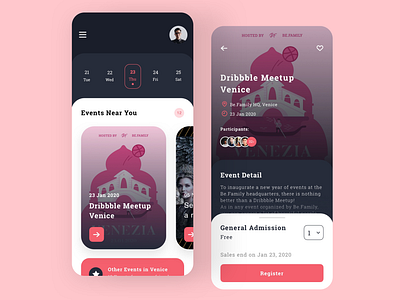 Event App: Dribbble Meetup Venice card card design concept dribbble meetup event event app events interface meeting meetup mobile app network networking redesign register talk ui ux venice