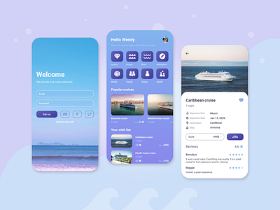 Cruise Travel app android android app app blue cruise design tools figma light mobile mobile app ocean purple river sea ship todo app ui ui design ui trends ux