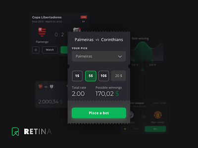 UI Components — Retina bet bet slip black components composition compositions dark dark green dark mode dark ui gambling glow green live games money shot sports team ui watch