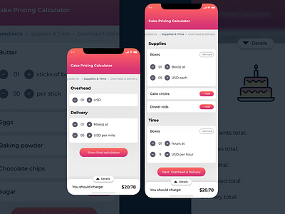 cake baking cost calculator app ui