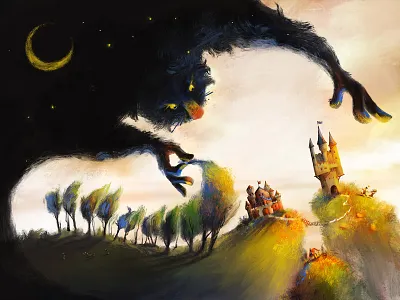 Night taking over the kingdom castle children dawn day digital hill illustration king monster moon mountain night queen sky story trees