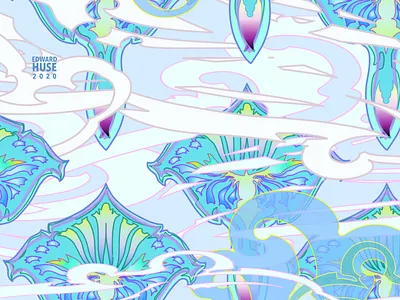 Elken Progress art nouveau blue and white blues edward huse hand drawn illustration imaginary botanical line drawing repeating pattern