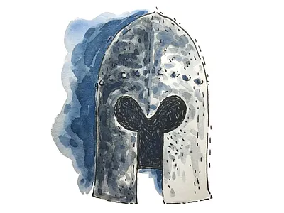 15th-Century Italian Barbute armor blue hand painted illustration italian medieval pen and ink spot illustration steel