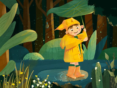 A child in the rain illustration natural plant 人物 character