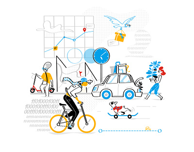 SAE International Hero big data bike car sharing creative dog draw hurca illustration lifestyle mobility monello people scooter skater society time user experience vector