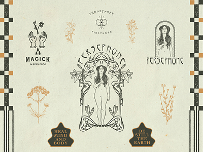 Persephone Tinctures Brand Board art noveau brand design branding design flat illustration illustrator logo minimal typography vector