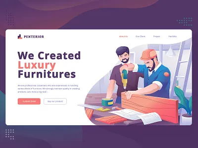 Carpenter Landing page Hero Illustration branding carpenter character company flat design flat illustration furniture gradient hero illustration idea inspiration landing page team work ui ux vector