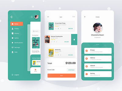e-Book Store App app book booking buy card cart clean clean ui ebook ecommerce ios mobile profile read reading search side menu sidebar store ui