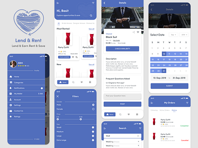 Clothing Rental Mobile Application design application blue calendar clean clothes clothes shop clothing filter menu mobile mobile ui neat rent rental rental app search side menu simple
