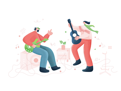 Girls playing guitar acoustic bass character character design clean festival girls guitar hat illustration illustration agency illustrator krixi music playing guitar playing music scarf shoes speaker tree