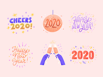 Happy New Year Sticker pack 2020 celebration champagne handwritten lettering party