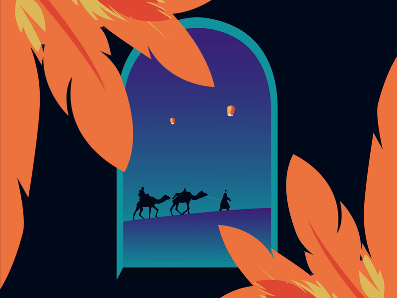 Desert leaves animation arabic camel desert design door illustration landscape illustration leaf leaves motion design nature night sahara vector view window