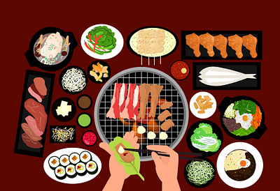 Korean Bbq bbq flat design graphic design illustration kimbab korean food landing page people ui vector