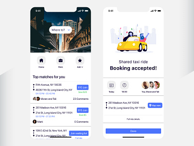 Shared taxi ride app app cards design destination flat mobile mobile app design mobile ui ride sharing ridesharing route shared taxi taxi app ui ux