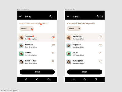 Cafe menu app screen design - accessibility accessibility accessible app cafe clean coffee shop design figma flat freelance designer interaction list material design menu ordering simple ui ux