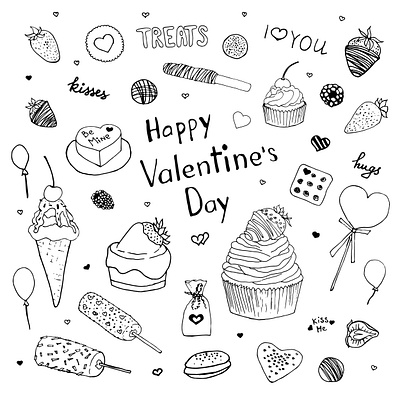 Happy Valentine's Day doodle set. Desserts sketch black and white design dessert doodle food heart illustration set sketch sweet sweets valentine vector